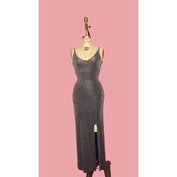 1990s-Y2K Just in Time. Black & Silver Metallic, Glitter Maxi Dress W/Slit. XS-S - Picture 2 of 10